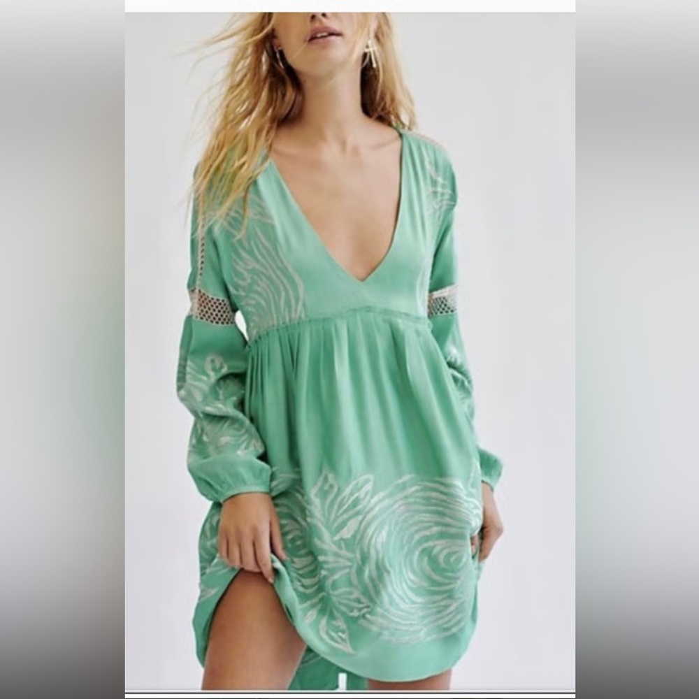Free People Mint Green Floral V-Neck Mini Dress
